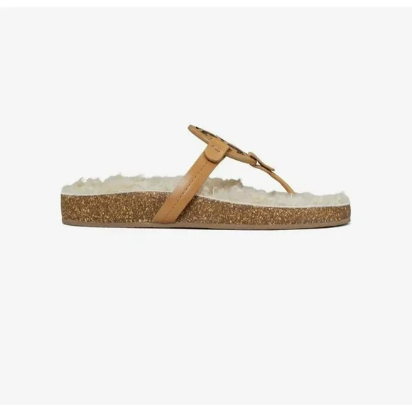 New Tory Burch MILLER CLOUD Cork Shearling Leather Sandals Caramel